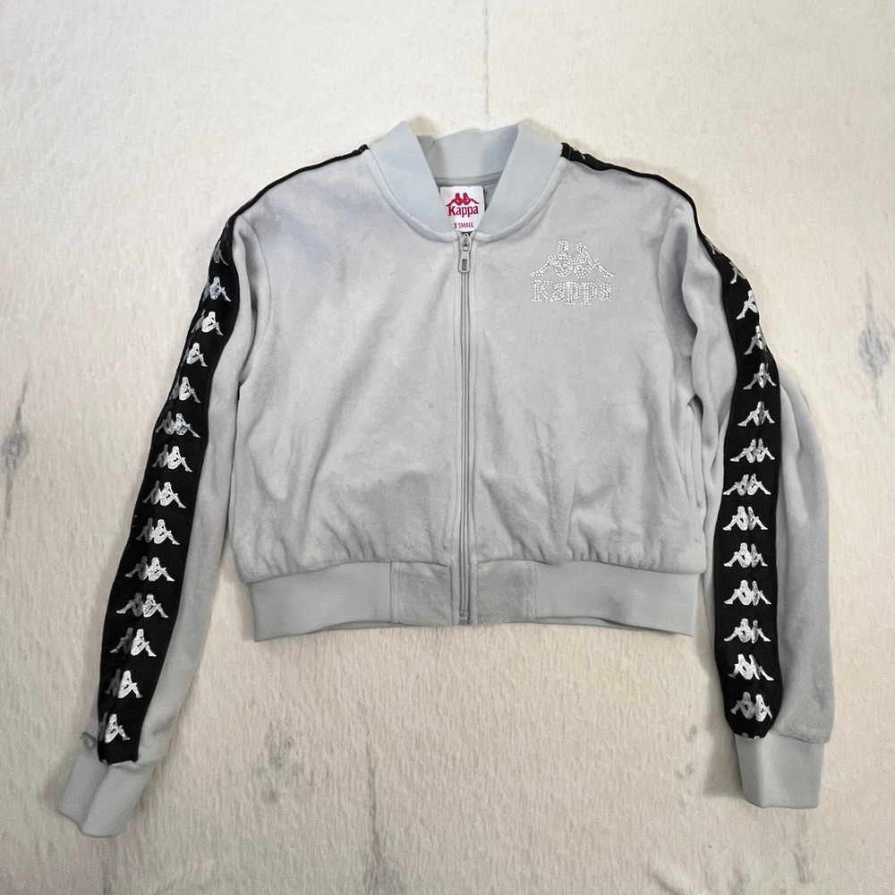 Kappa Womens XS Velour Track Jacket Grey Black Rhinestone Logo Tape Sleeve